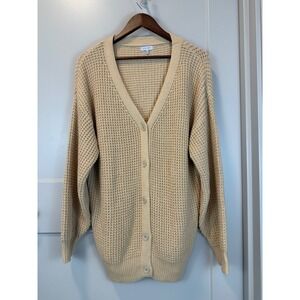 Qualfort Open Knit Fisherman Waffle Cardigan Sweater Sz Large Beige Chunky Cozy